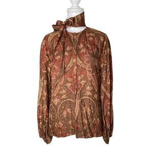 Vintage 70s Brown Tan Paisley Academia Tie Neckling Long Sleeve Blouse Sz Large